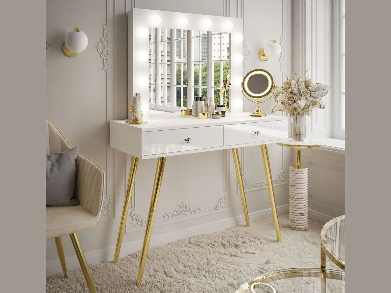 Schminktisch glamour mit Schubladen, Spiegel und LED-Beleuchtung Olivine Weiß Hochglanz