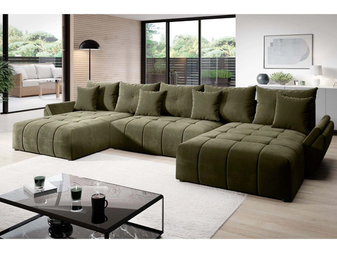 Wohnlandschaft mit Schlaffunktion und Bettkasten Decor U Dunkelgrün