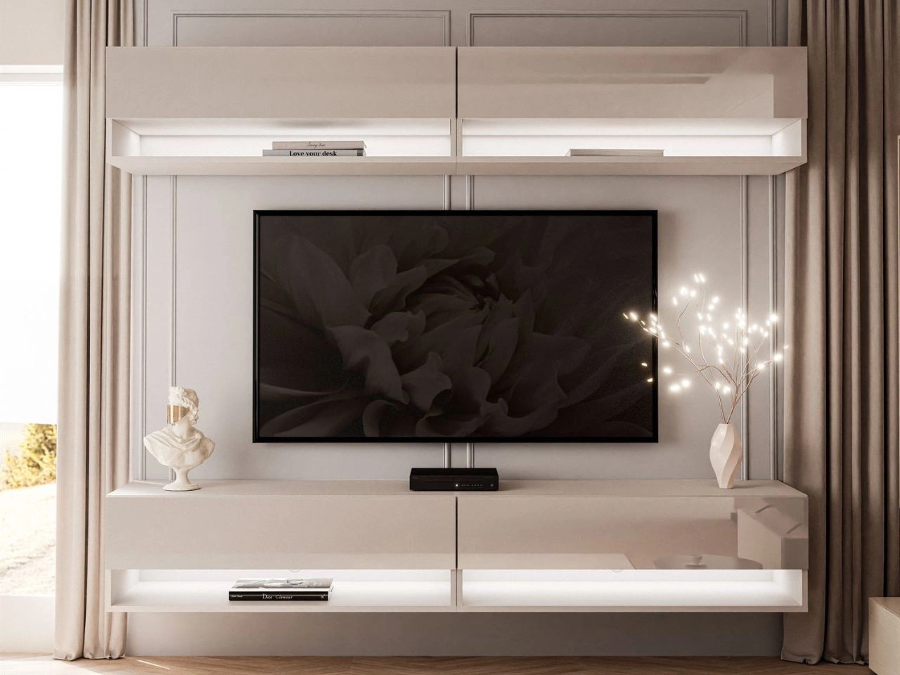 Hängende Wohnwand mit LED-Beleuchtung Aurelie Kaschmir Hochglanz