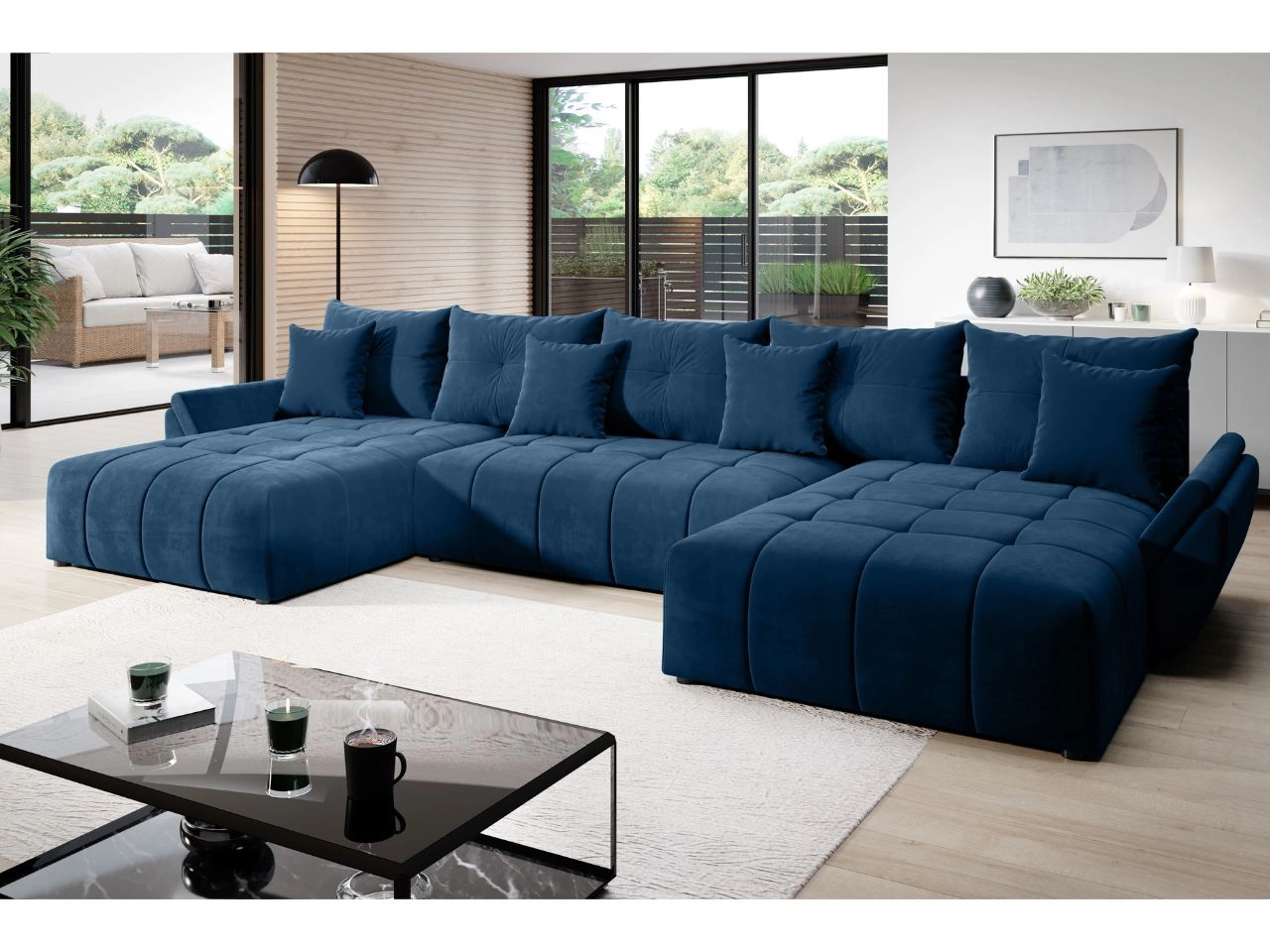 Wohnlandschaft mit Schlaffunktion und Bettkasten Decor U Dunkelblau