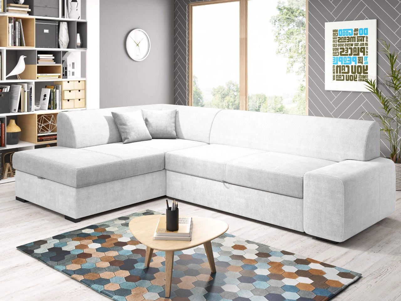 Ecksofa L-Form Links mit Schlaffunktion und Bettkasten Fresto Hellgrau