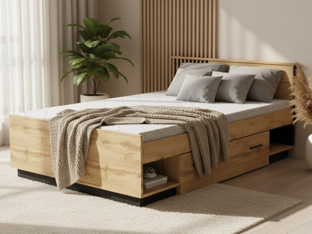 Doppelbett 120x200 mit Schublade Lavore Wotan Eiche, Schwarz matt