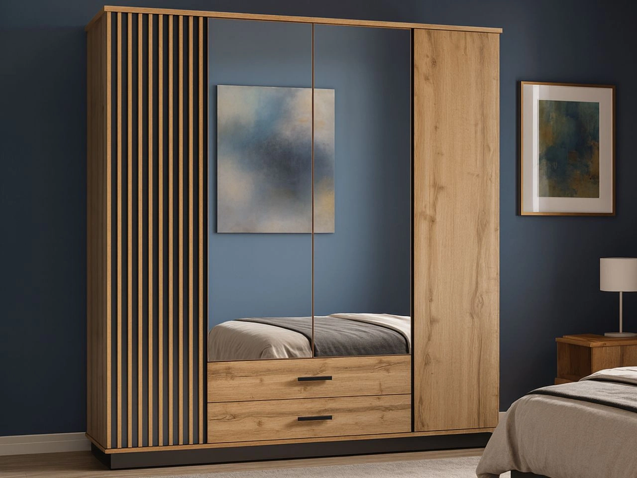 Spiegelschrank 200 cm mit Lamellen und Schubladen für das Schlafzimmer Lavore Wotan Eiche, Schwarz matt