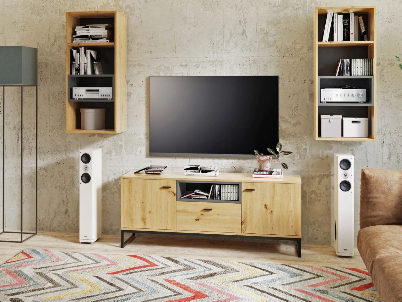 TV-Lowboard mit Schublade und Türen Geneva Artisan Eiche