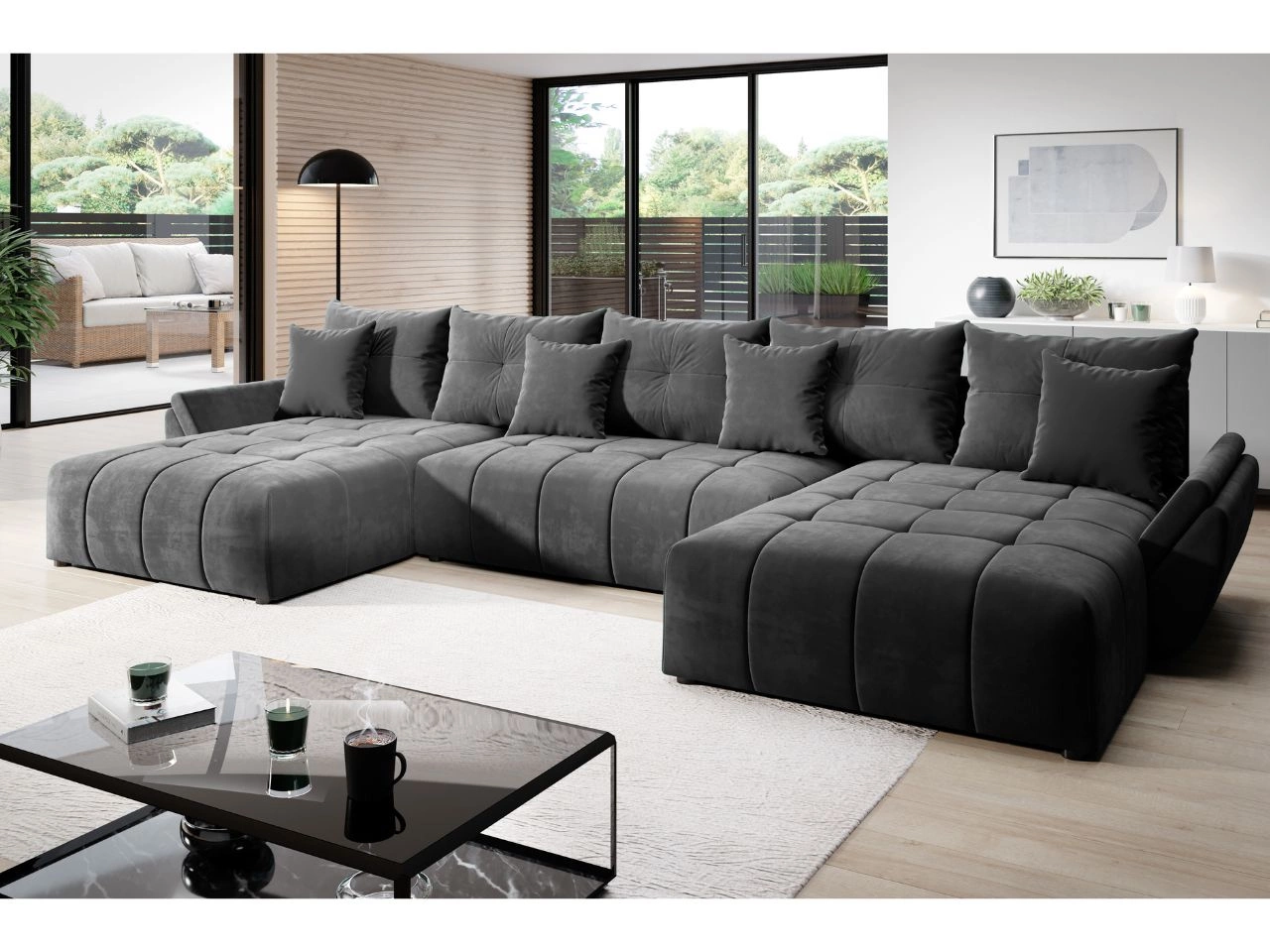 Wohnlandschaft mit Schlaffunktion und Bettkasten Decor U Dunkelgrau