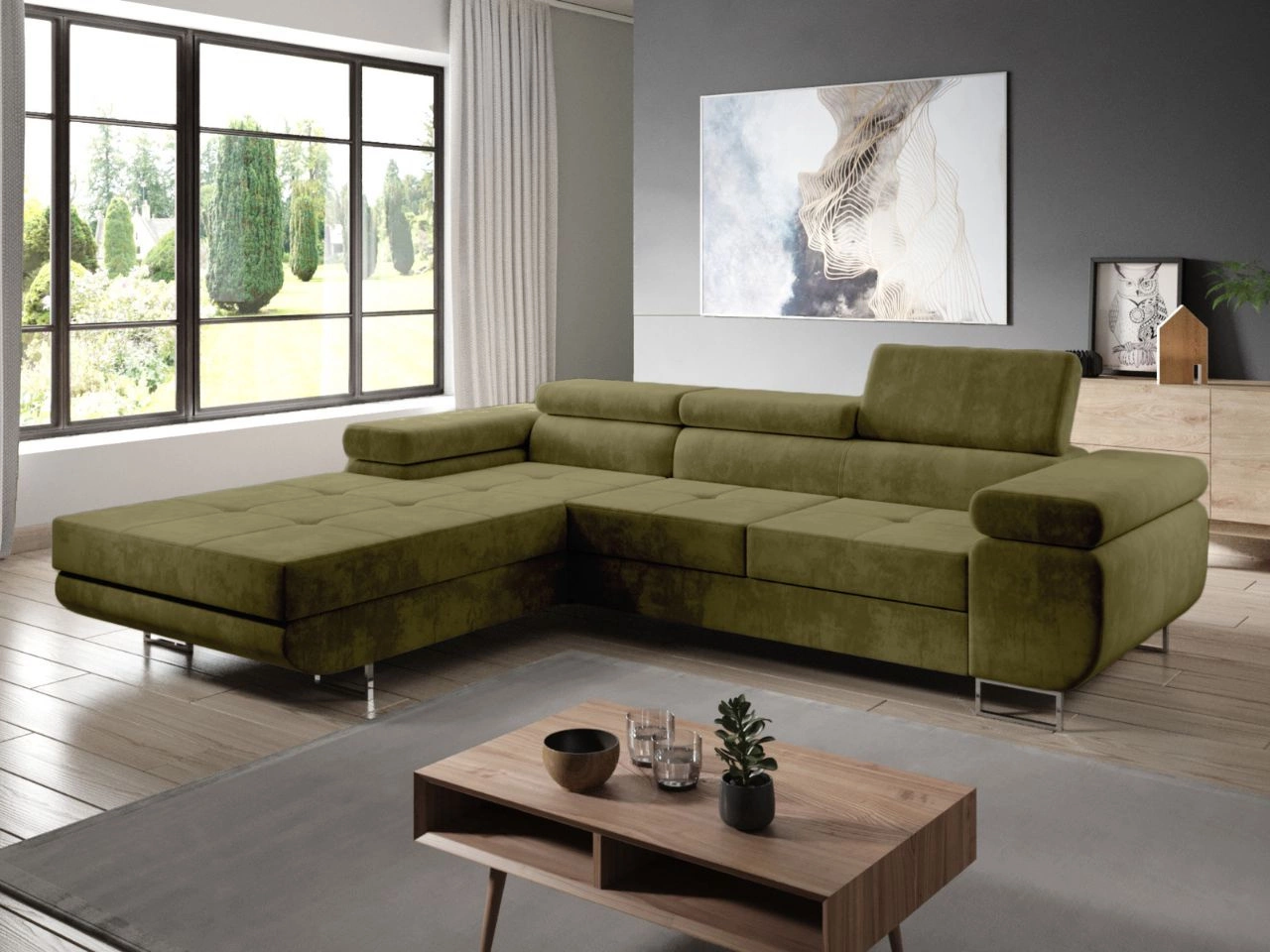 Ecksofa L-Form Links mit Schlaffunktion und Bettkasten Solam Dunkelgrün