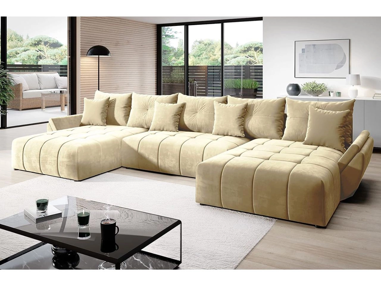Wohnlandschaft mit Schlaffunktion und Bettkasten Decor U Beige