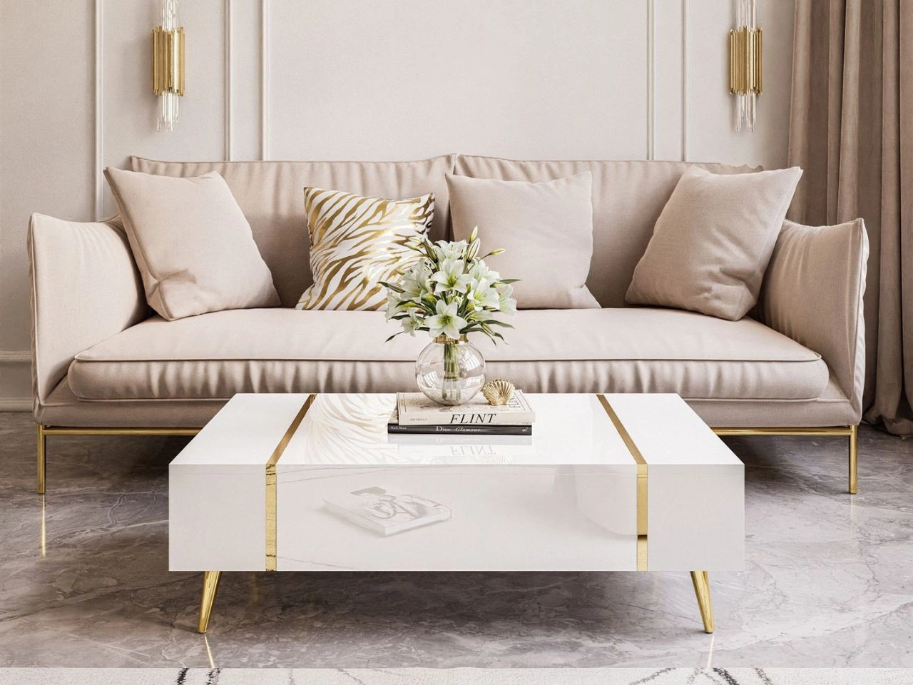 Couchtisch auf goldenen Beinen im Glamour-Stil Lunelie Weiß Hochglanz