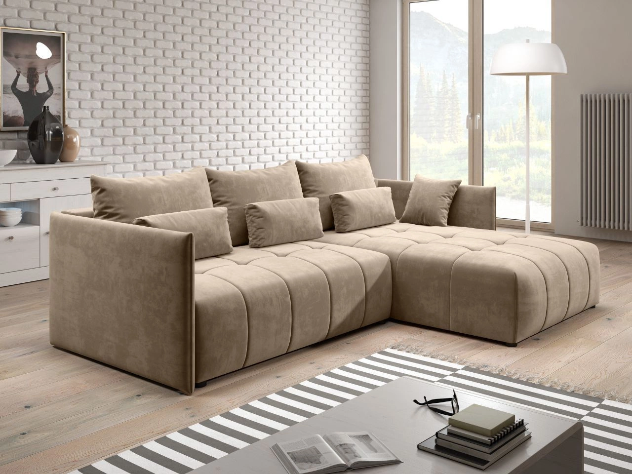 Ecksofa L-Form mit Schlaffunktion und Bettkasten Ardi Hellbraun