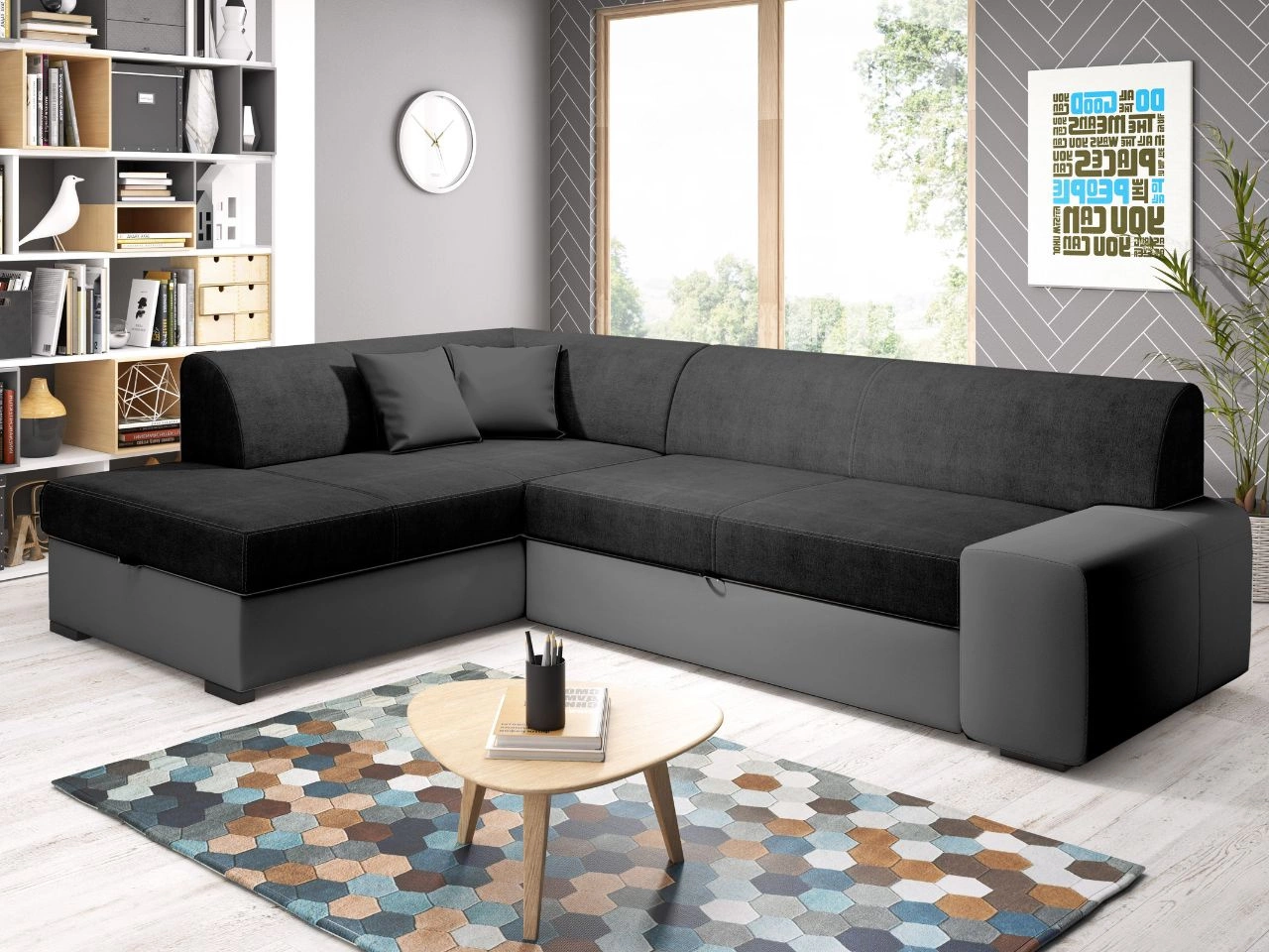 Ecksofa L-Form Links mit Schlaffunktion und Bettkasten Fresto Schwarz