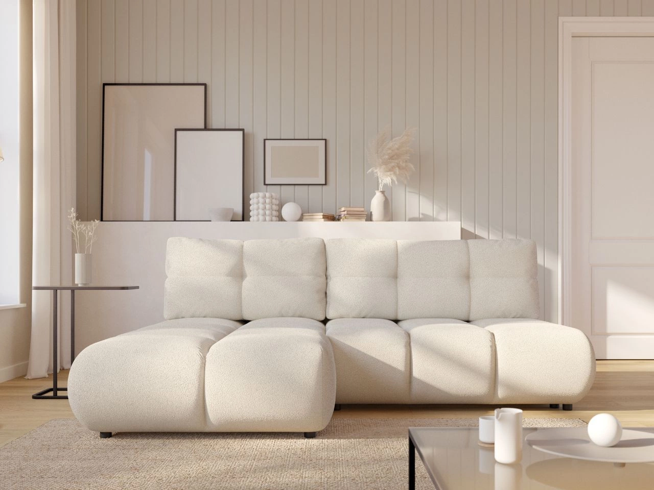 Ecksofa mit Schlaffunktion und Bettkasten Links Milet Creme