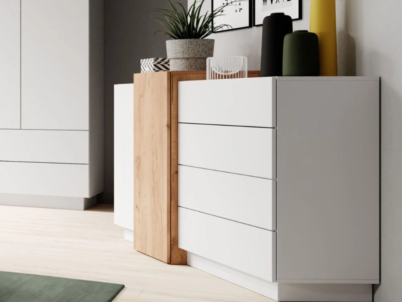 Kommode mit Türen und Schubladen Morten Weiß, Goldene Craft Eiche