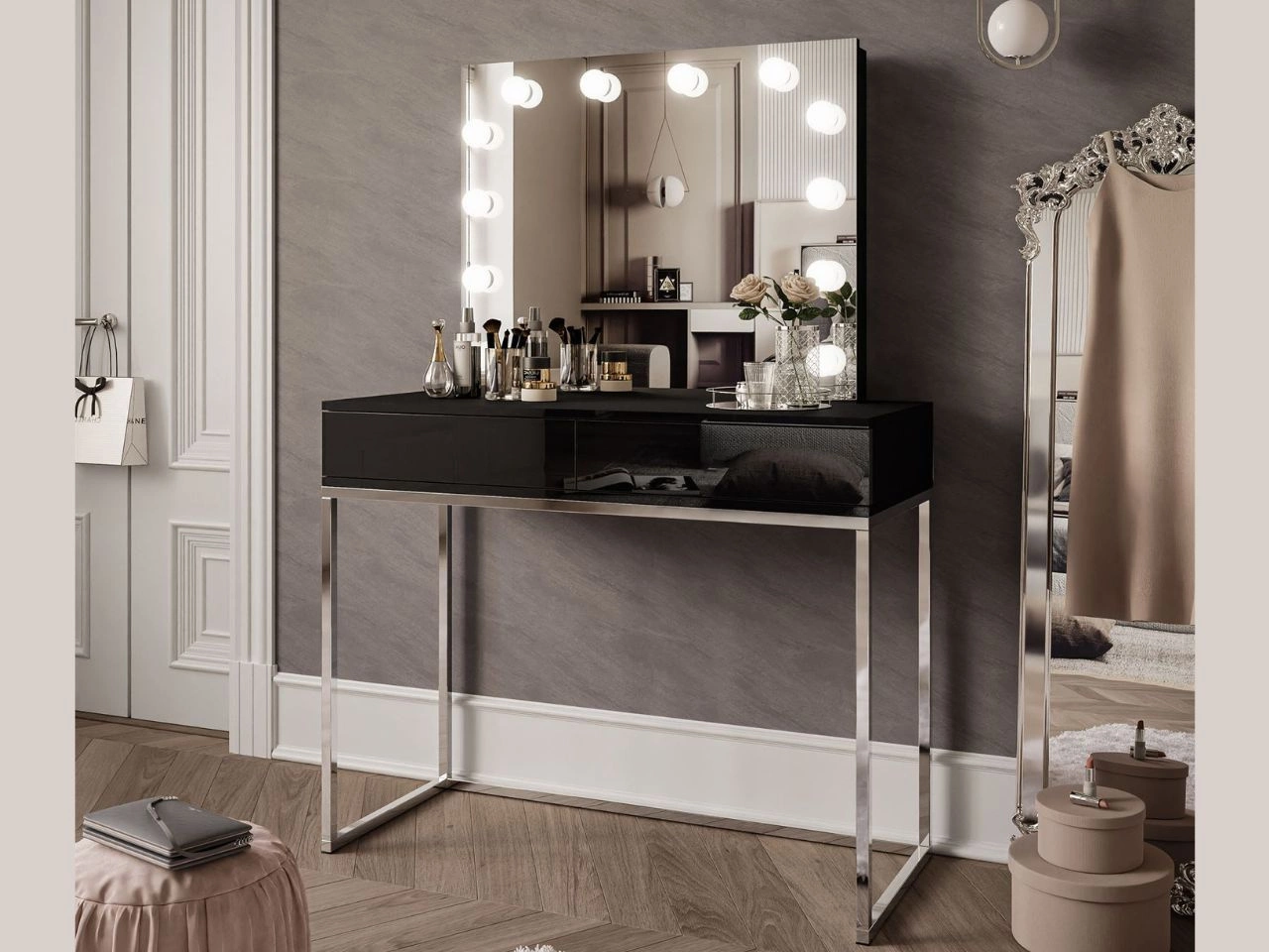 Schminktisch Glamour mit Schubladen, Spiegel und LED-Beleuchtung Brisa Schwarz Hochglanz