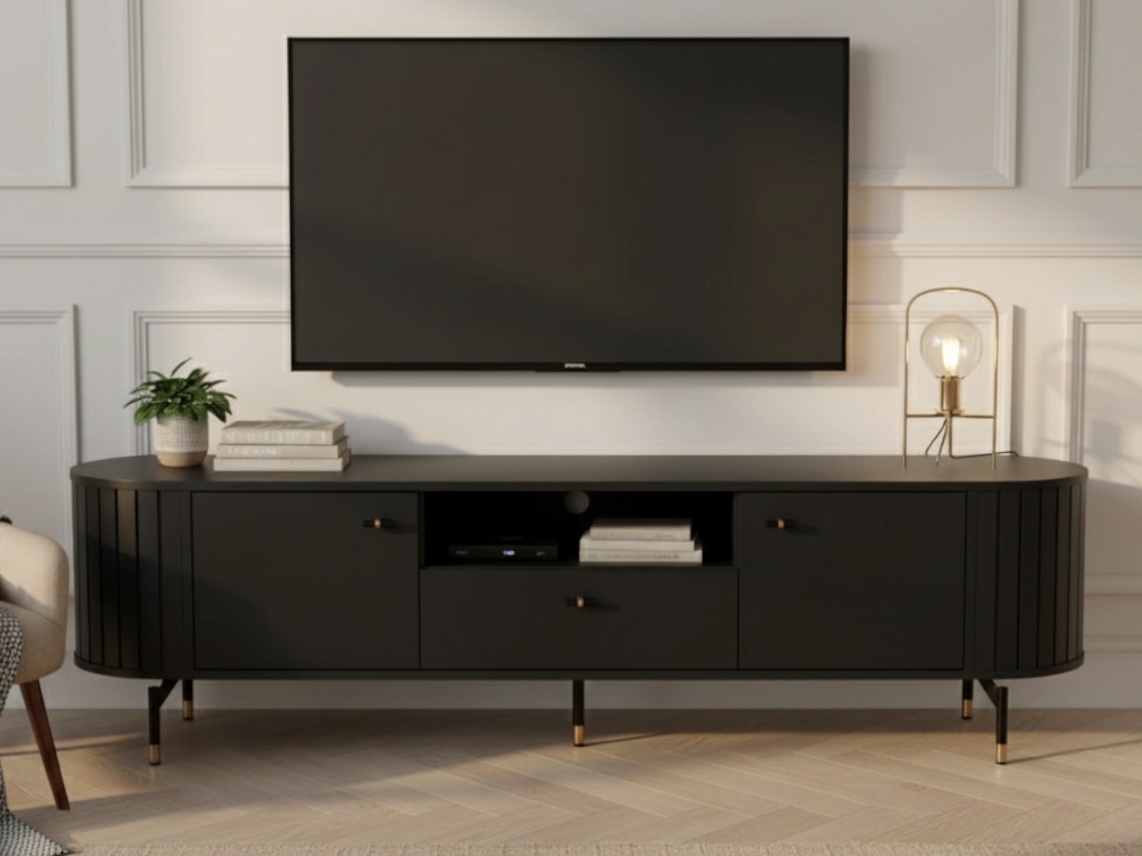 TV-Lowboard mit Schublade und Türen Soria Schwarz mat