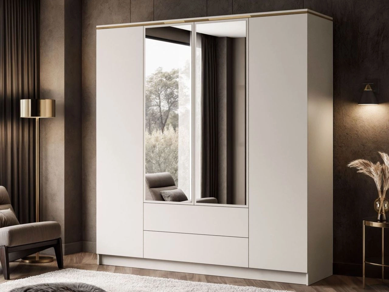 Kleiderschrank mit Drehtüren, Schubladden und Spiegiel Evare Kaschmir