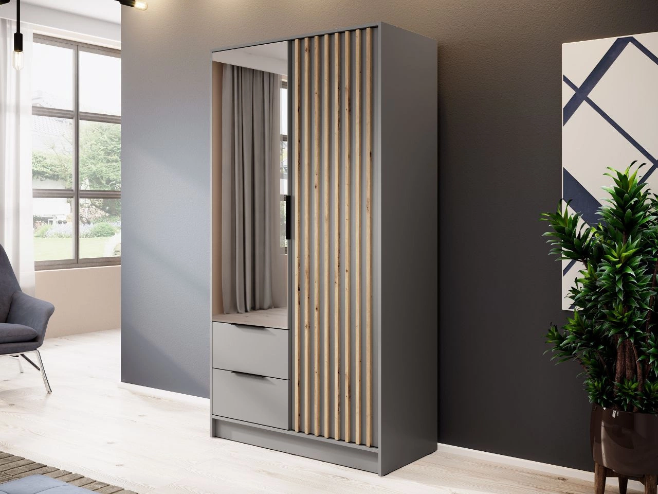 Kleiderschrank mit Spiegel 105 cm Macron Grau, Artisan Eiche