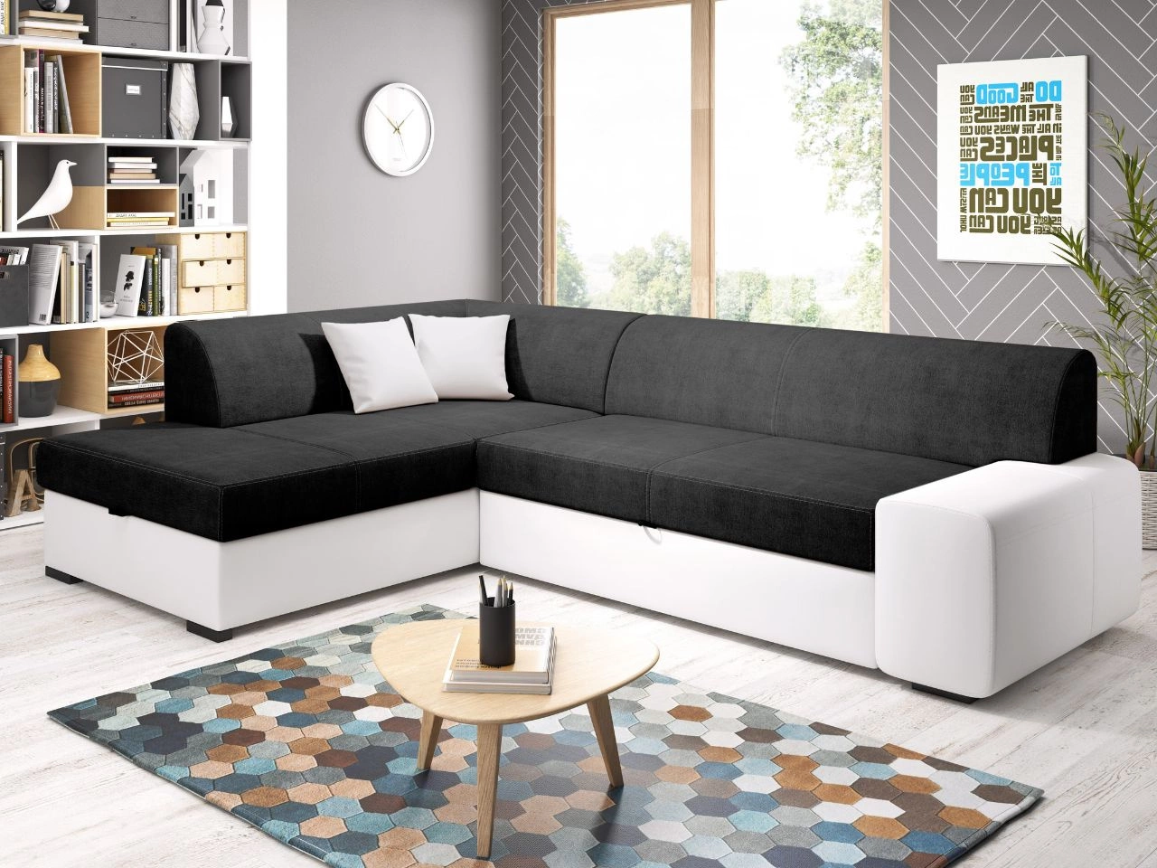 Ecksofa L-Form Links mit Schlaffunktion und Bettkasten Fresto Schwarz, Weiß