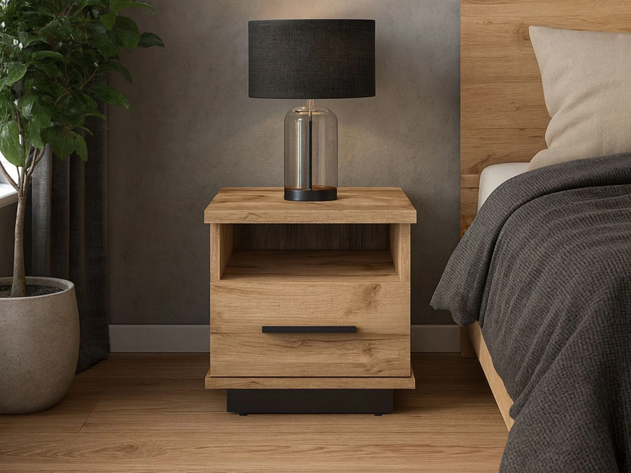 Nachttisch mit Schublade fürs Schlafzimmer Lavore Wotan Eiche, Schwarz matt