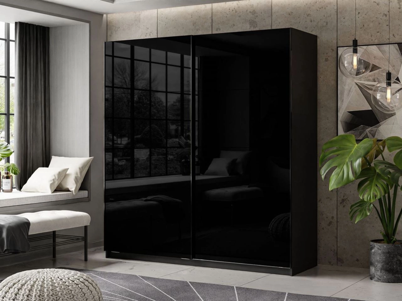 Schwebetürenschrank Zweitüriger 194 cm Nuveo Schwarz Hochglanz