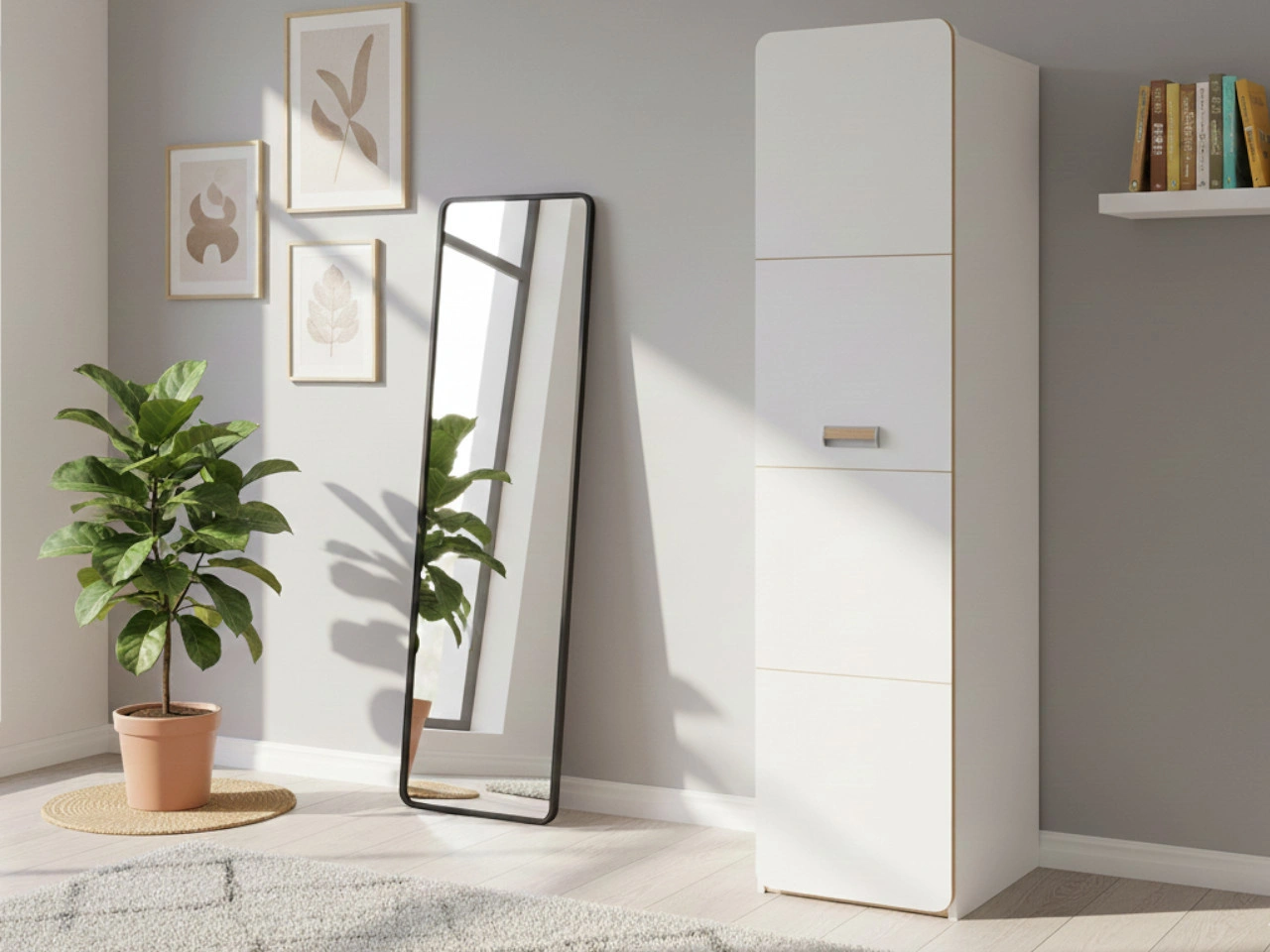 Kleiderschrank mit einer Tür 45 cm, mit Einlegeböden Lindo Weiß, Nash Eiche