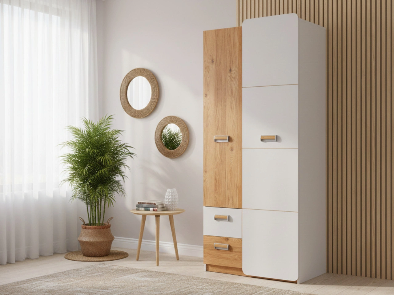 Jugendkleiderschrank mit Schubladen, 80 cm Öffnung Lindo Weiß, Nash Eiche