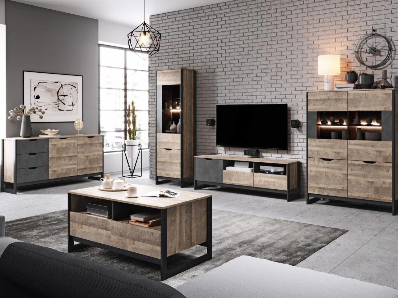 Stilvoll Wohnzimmer-Set Denis Dunkelbraun, Schwarz