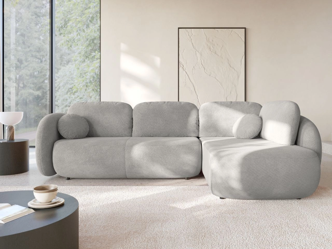 Ecksofa mit Schlaffunktion und Bettkasten Rechts Carino Hellgrau