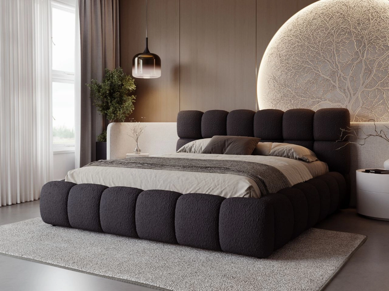 Polsterbett mit Bettkasten und Lattenrost 140x200 Modo aus Bouclé-Stoff Schwarz