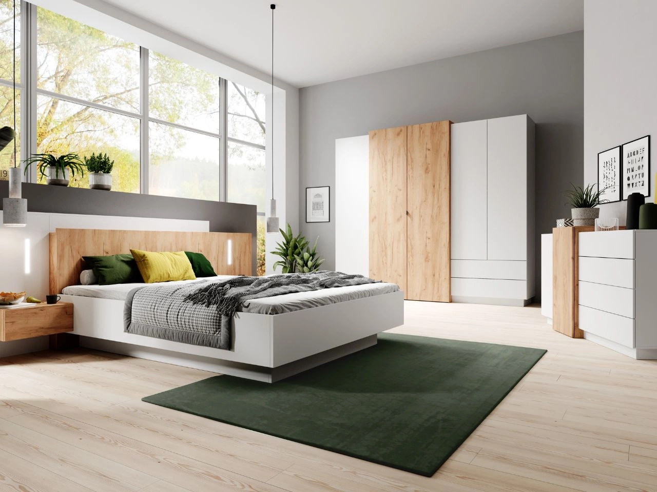Stilvolles Schlafzimmer-Set Morten Weiß, Goldene Craft Eiche