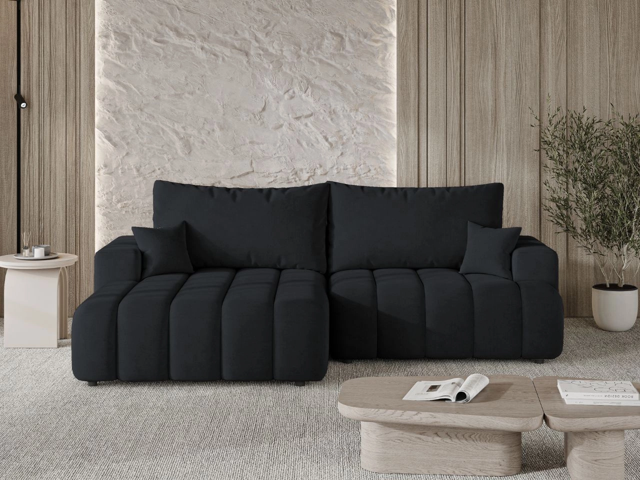 Ecksofa L-Form Links mit Schlaffunktion und Bettkasten Caleo Schwarz