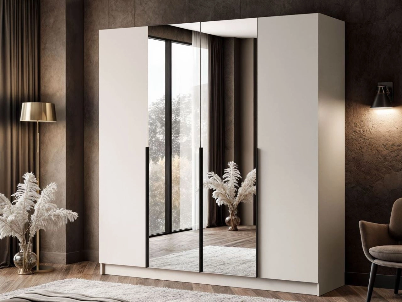 Viertüriger Kleiderschrank mit Drehtüren, Schubladen und Spiegeln Ameli Kaschmir