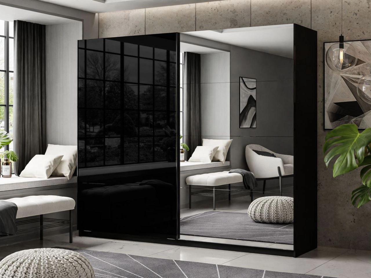 Schwebetürenschrank Zweitüriger 244 cm Nuveo Schwarz Hochglanz