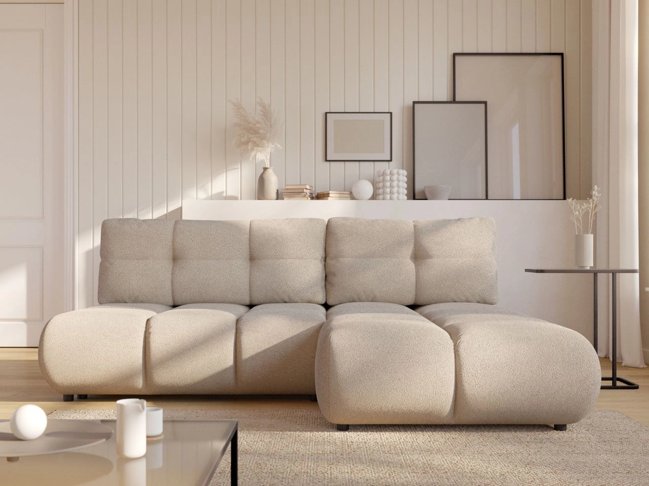 Ecksofa mit Schlaffunktion und Bettkasten Rechts Milet Beige