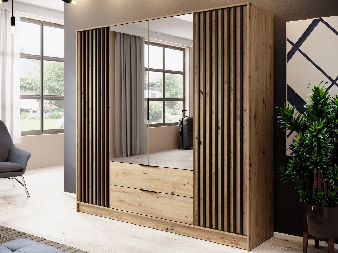 Kleiderschrank mit Spiegel 206 cm Macron Artisan Eiche, Schwarz