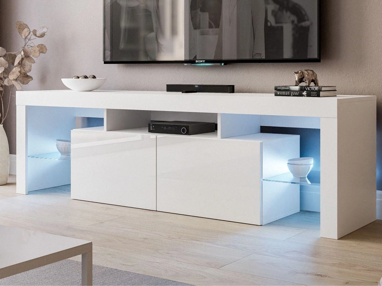 TV-Lowboard mit Türen und Aufsatz 150 cm Nodoo Weiß Hochglanz