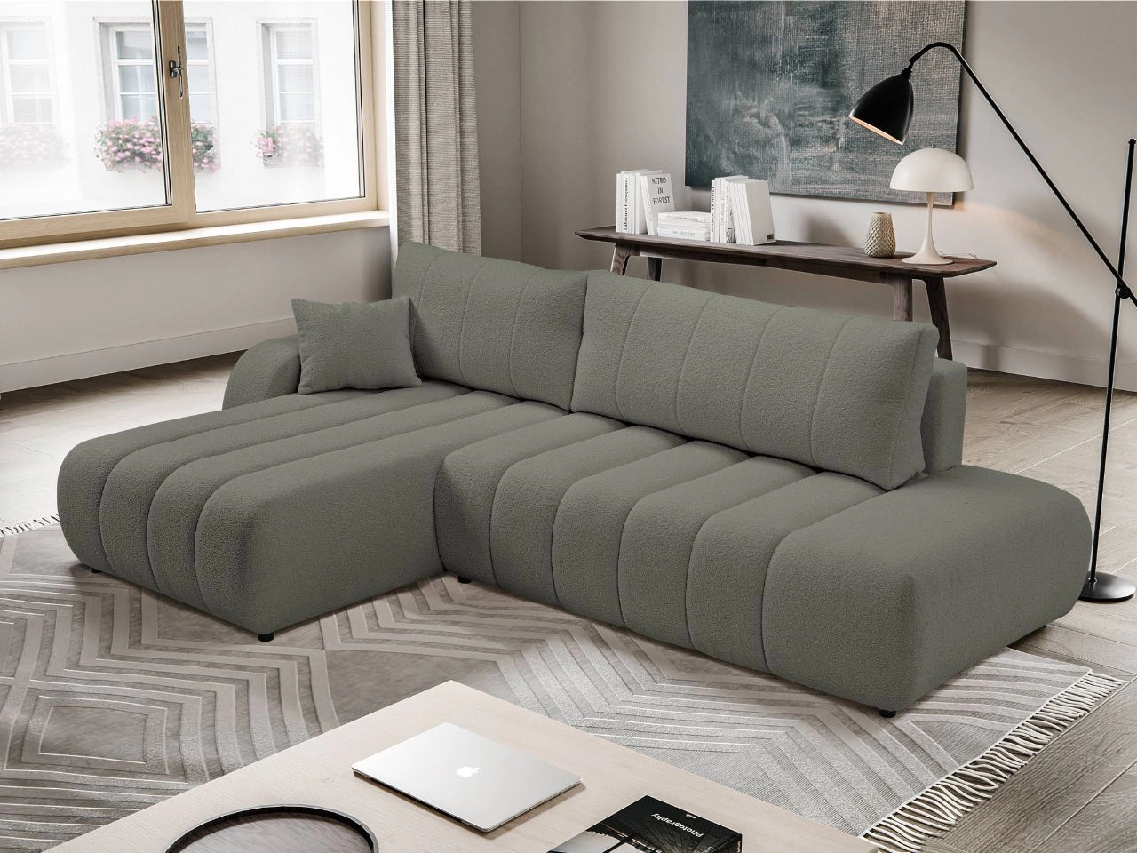 Ecksofa mit Schlaffunktion und Bettkasten Links Adoro Grau