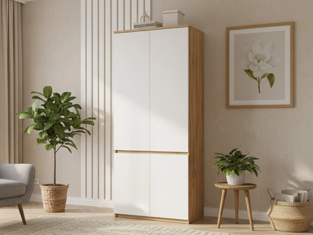 Kleiderschrank mit Drehtüren und Kleiderstange 80 Arcadia Eiche Wotan Weiß