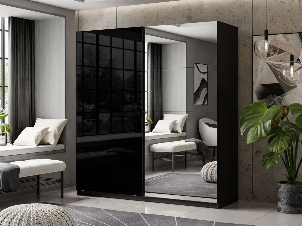 Schwebetürenschrank Zweitüriger mit Spiegel 194 cm Nuveo Schwarz Hochglanz
