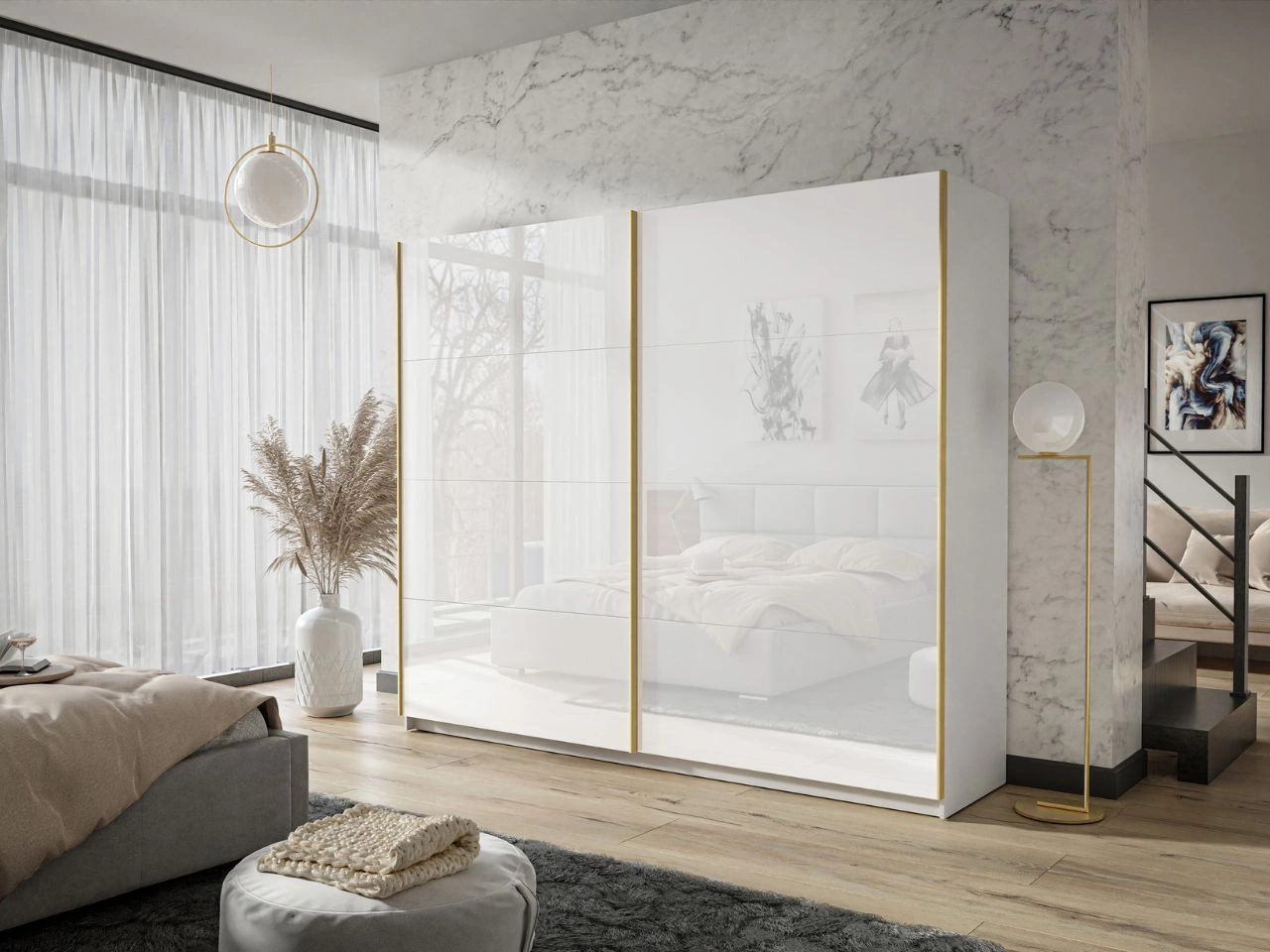 Schwebetürenschrank Zweitüriger 244 cm Noaé Weiß Hochglanz