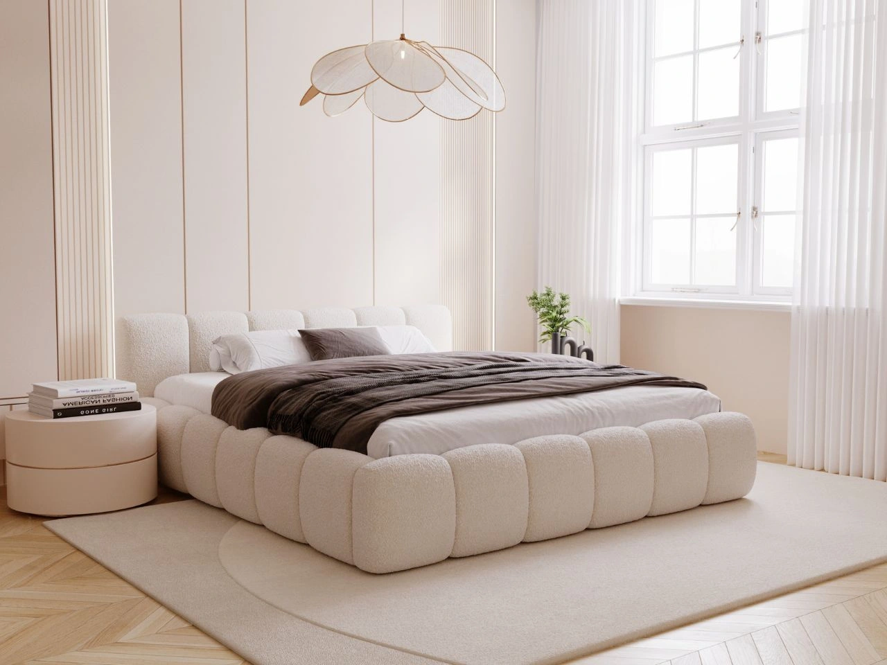 Polsterbett mit Bettkasten und Lattenrost 180x200 Cloud Low Bouclé-Stoff Beige