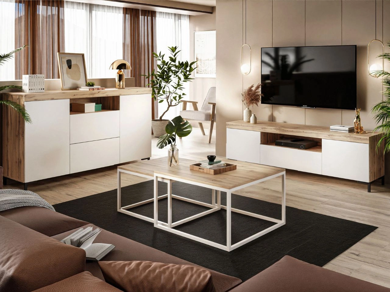 Wohnzimmer-Set im Loft-Stil Asumi Weiß und Eiche Wotan