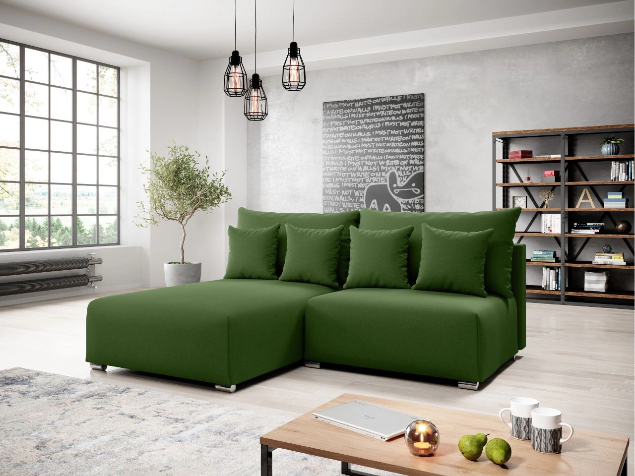 Ecksofa L-Form Links mit Schlaffunktion und Bettkasten Ronni Grün