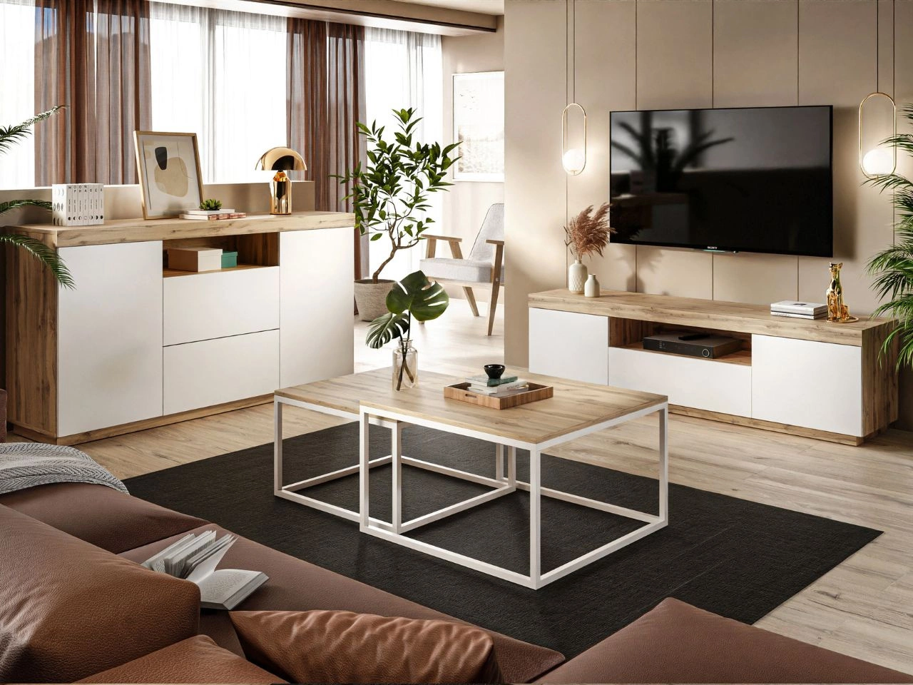 Wohnzimmer-Set im Loft-Stil Asumi Weiß und Eiche Wotan