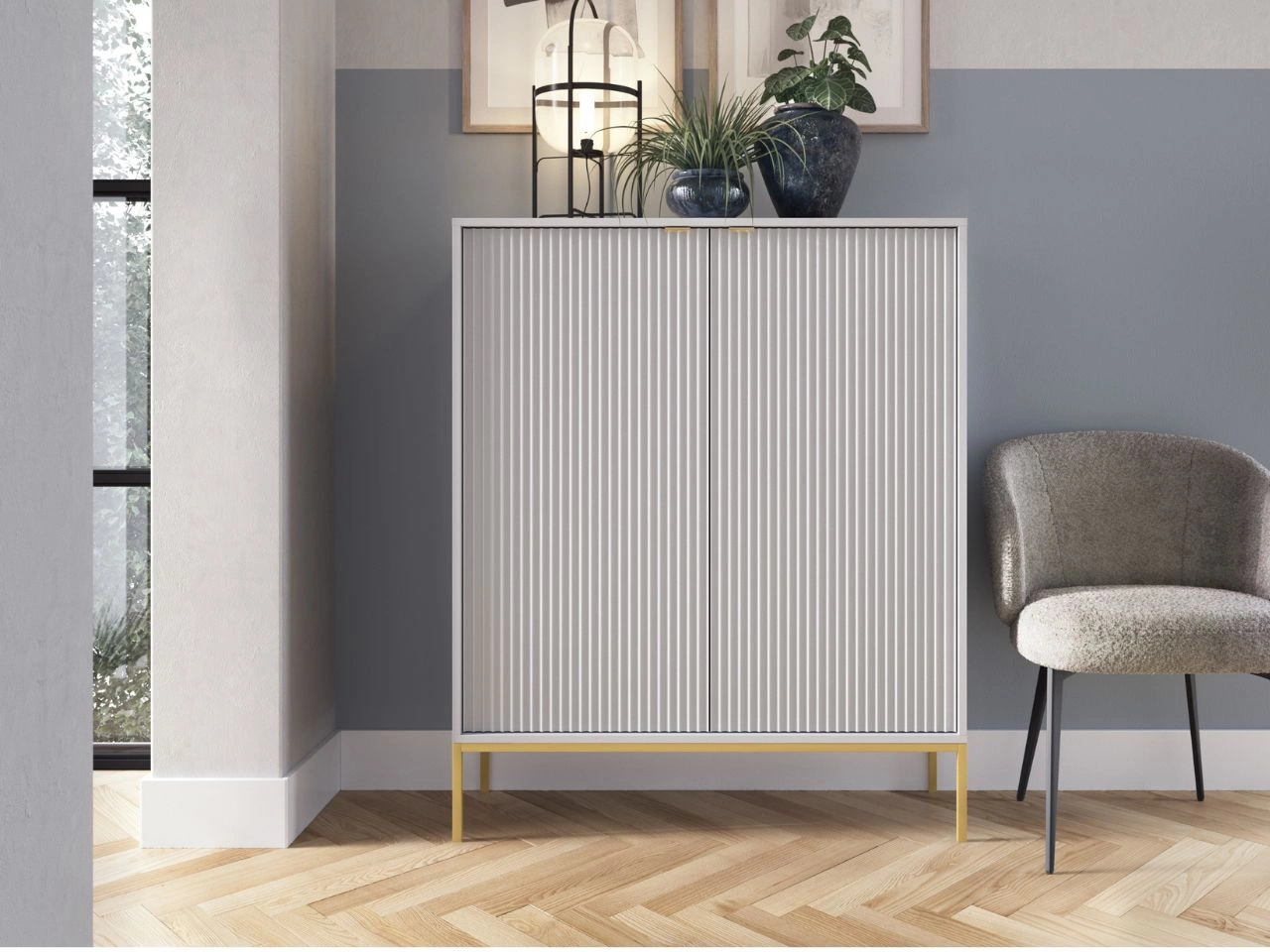 Kommode mit Türen Amber Grau auf goldenen Beinen