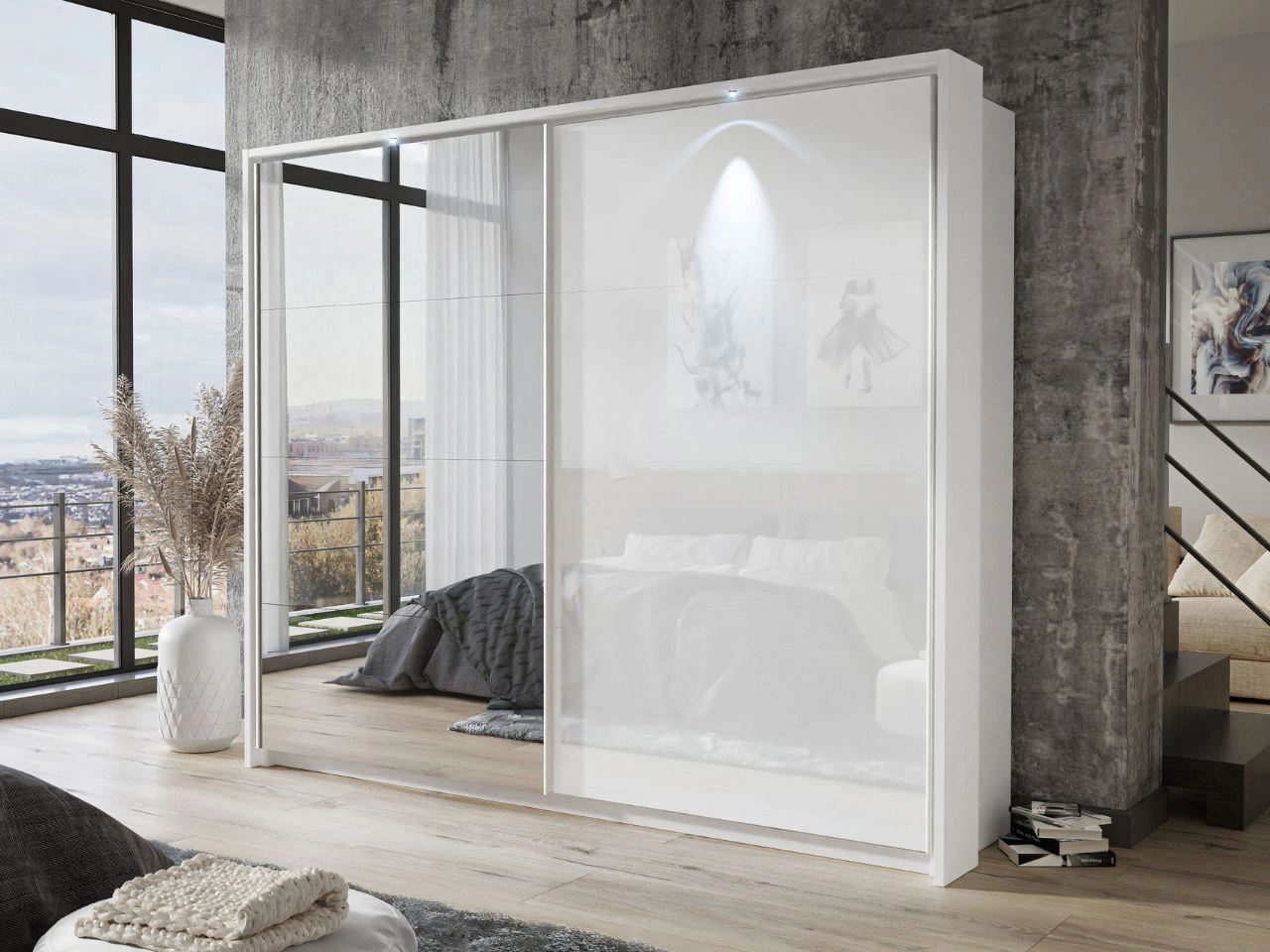 Schwebetürenschrank Zweitüriger mit Aufsatz und Spiegel 254 cm Nuveo Weiß Hochglanz