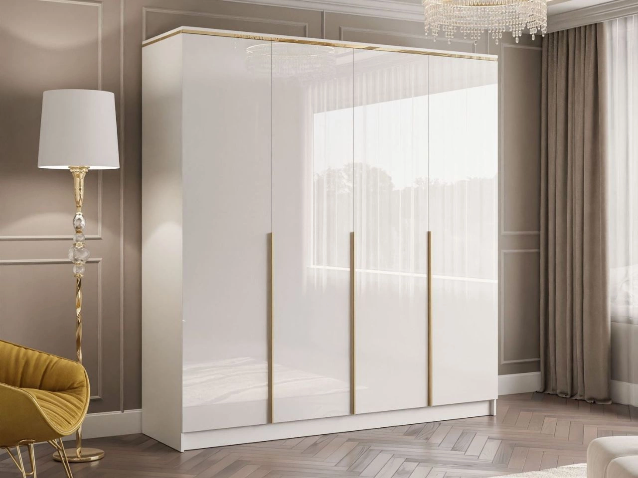 Kleiderschrank mit Drehtüren, Schubladden und goldenen Griffen Evare Weiß Hochglanz
