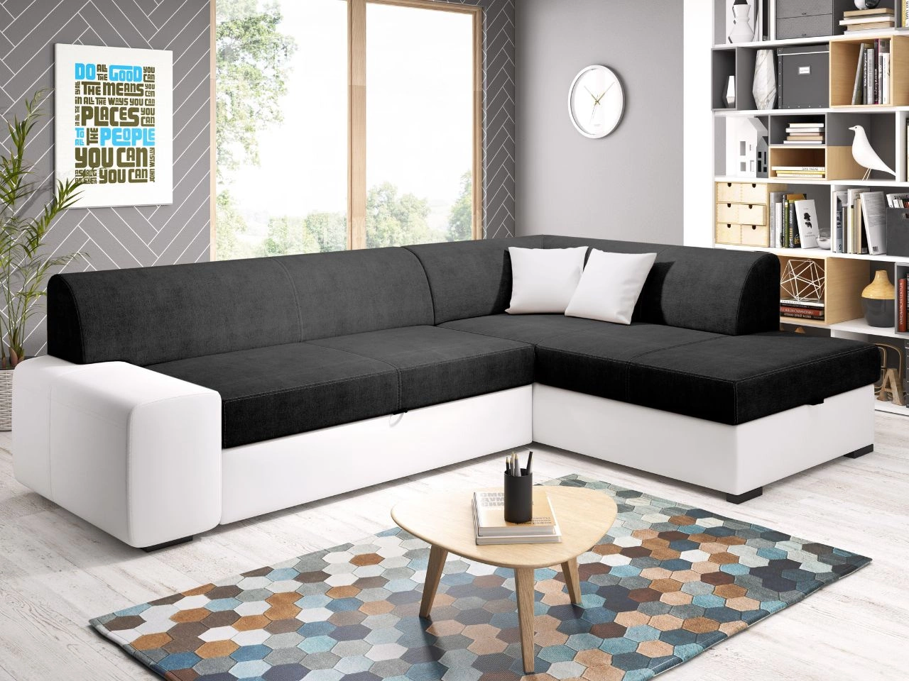 Ecksofa L-Form Rechts mit Schlaffunktion und Bettkasten Fresto Schwarz, Weiß