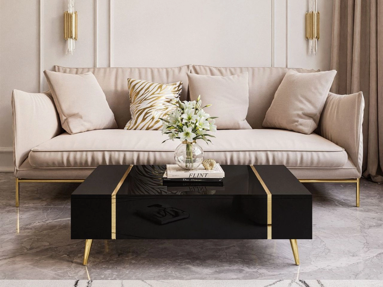 Couchtisch auf goldenen Beinen im Glamour-Stil Lunelie Schwarz Hochglanz