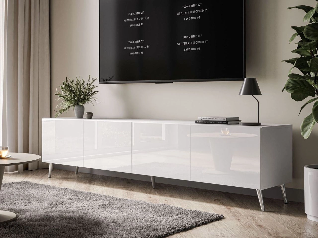 TV-Lowboard mit Türen auf Silbernen Metallbeinen 200 cm Nodoo Weiß Hochglanz