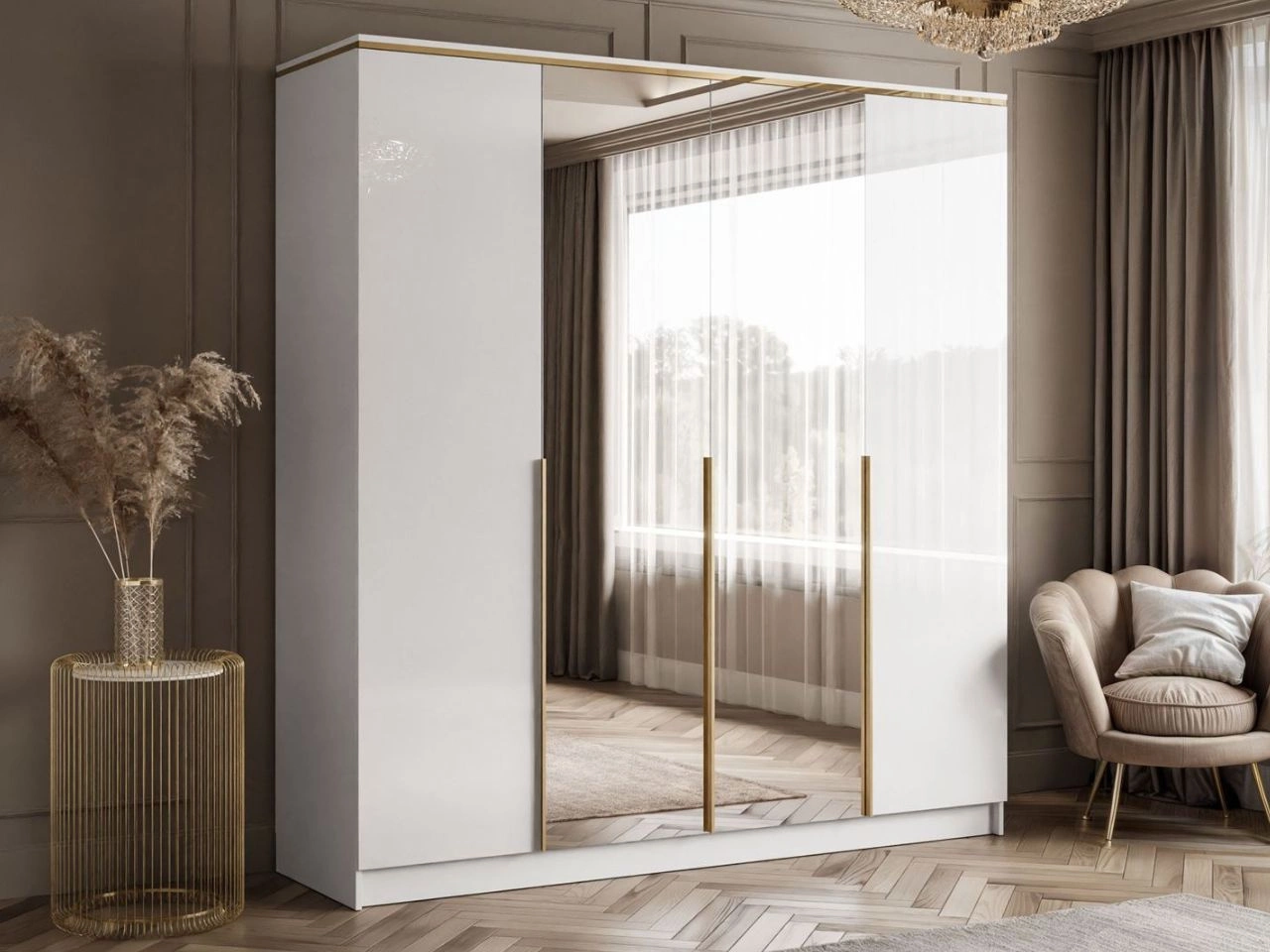 Kleiderschrank mit Spiegel 200 cm, mit Drehtüren, Schubladden und goldenen Griffen Evare Weiß Hochglanz